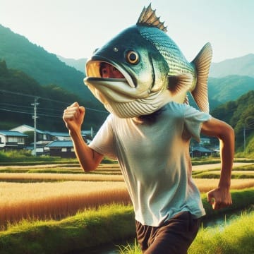 A man with a fish head is running through the Japanese countryside.